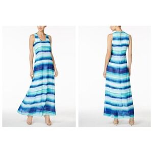 CALVIN KLEIN 10 Blue Stripe‎ Chiffon Maxi Dress Sleeveless Lined Scoop Neck